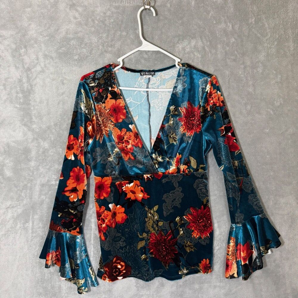 Y2K Venus Top Whimsigoth Teal Velvet Floral V Neck Boho Bell Sleeve Phoebe Retro